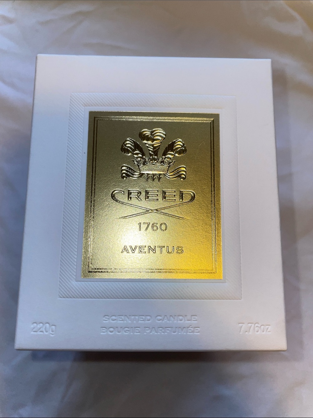 Creed Aventus Candle with Gold Plaque on White Box